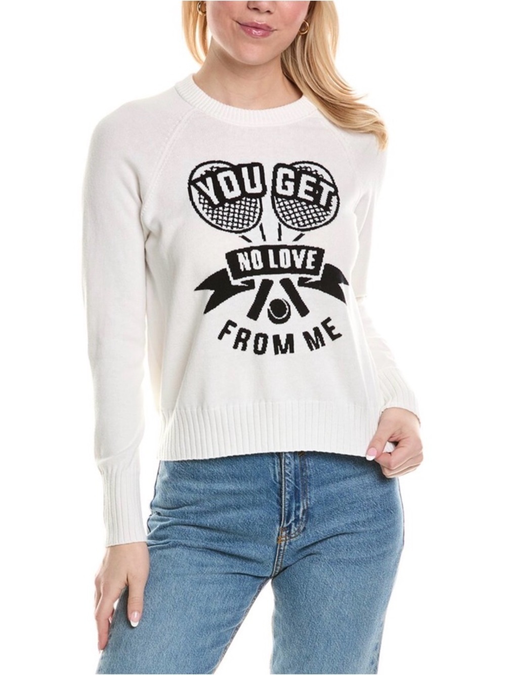 NWT New! Minnie Rose Cream and Black 'No Love' Cashmere & Cotton Blend Sweater